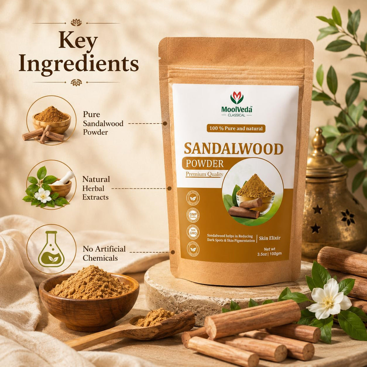 Pure Sandalwood Powder - 100% Natural Chandan for Glowing Skin, Anti-Aging Face Pack, Acne Treatment | Traditional Ayurvedic Beauty | 100gm Sandalwood 100 g (Pa