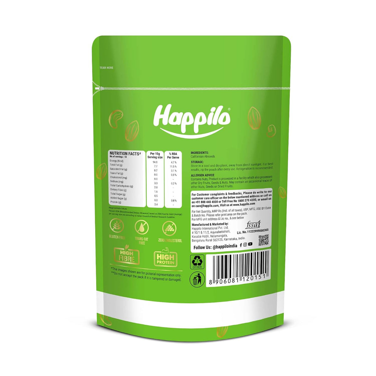 Happilo Premium Natural Californian Almonds 200g | Badam Giri, Healthy Snacks, Dry Fruits | Crunchy Nuts | High in Fiber | Rich in Protein | Magnesium | Phospho