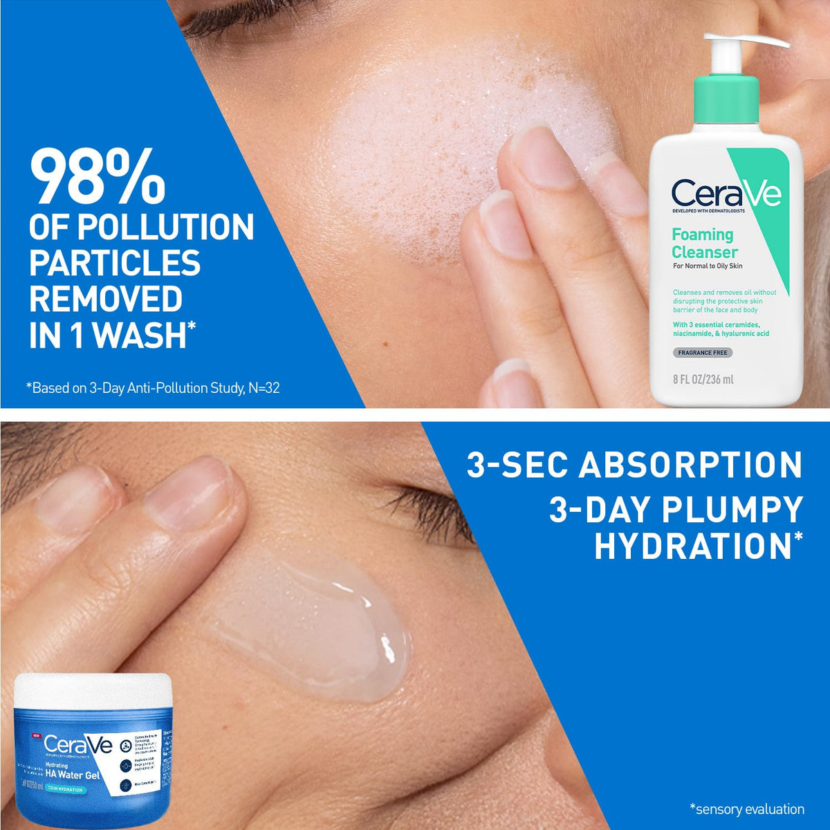CeraVe Foaming Cleanser 236ml + Hydrating HA Water Gel 50ml Combo | With Ceramides, Hyaluronic Acid and Niacinamide | Oil-free, Non-greasy finish | Suitable for