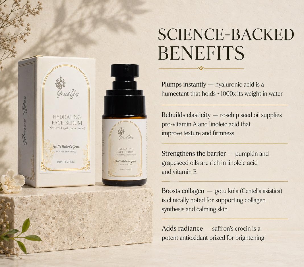 Hydrating Face Serum with Hyaluronic Acid, Rosehip & Saffron | For Dry, Dehydrated Skin, Plump & Dewy Look | Paraben & Silicone Free | 30 ml