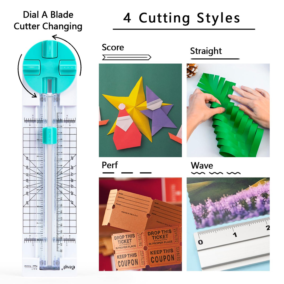 ecraft Paper Trimmer Craft Paper Cutter 4 Style Multi-Function Scrapbooking Tool with Dial Blades of Straight,Wave,Dotted,Perforated,Creasing for Cutting Paper,