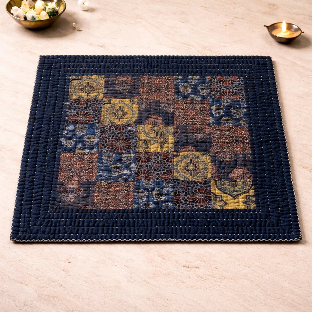 Handmade Applique Cotton Asan | Pooja Mat | Meditation Mat | Newborn Baby Godadi (Blue, Square) Blue Square
