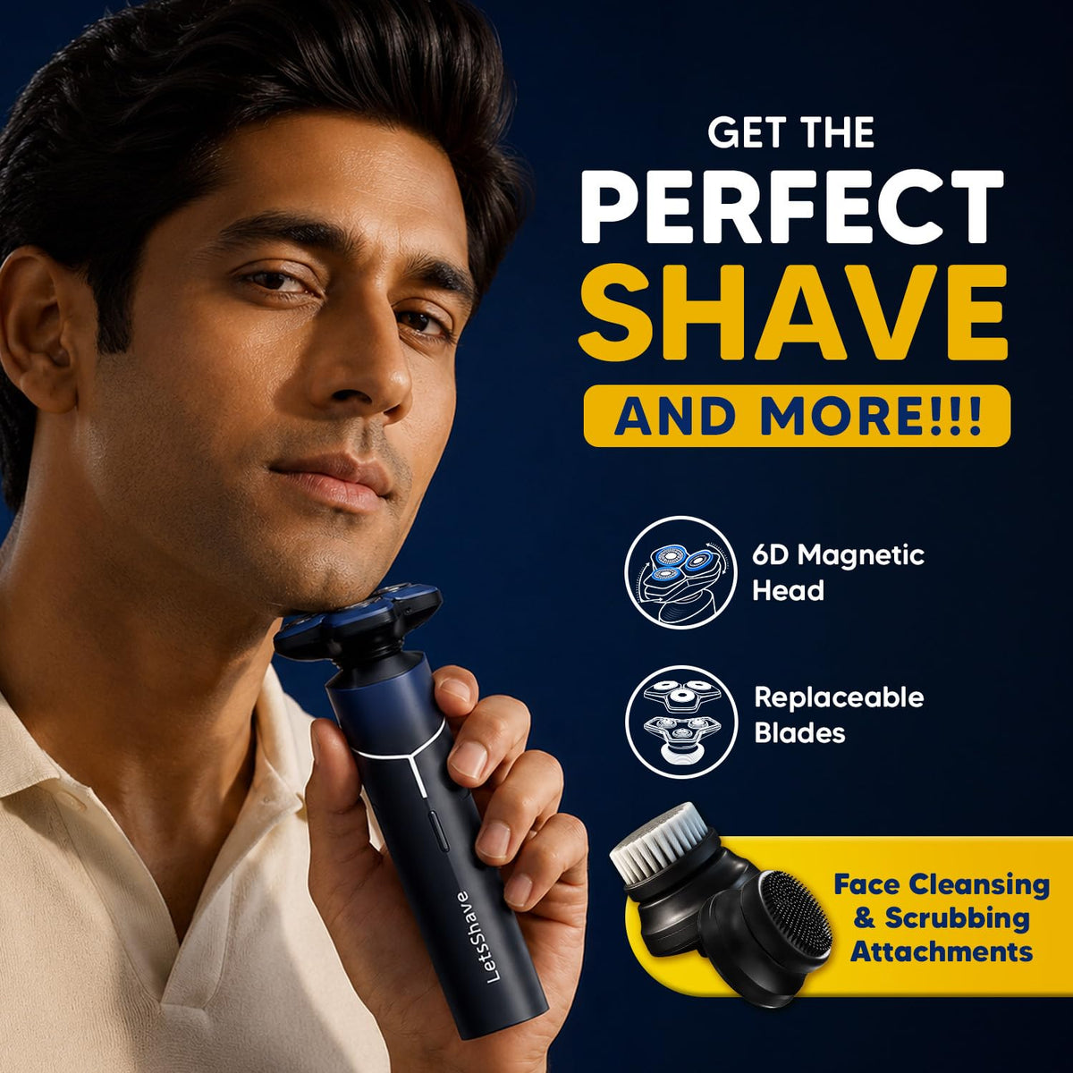 LetsShave 360 Pro Electric Shaver for Men - 6D Skin Adaptation Technology, Wet & Dry Use, Self-Sharpening Blades | Face Cleansing & Scrubbing Attachments | 70+