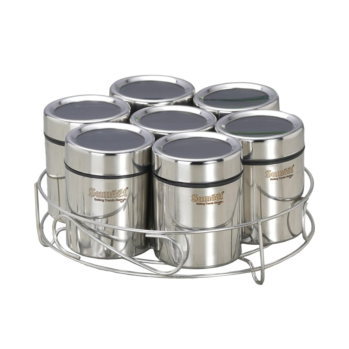 Sumeet 7in1 Stainless Steel + See Through Lid Masala/Dry Fruit Stand with Spoons 7 containers + 7 spoons + Masala Stand