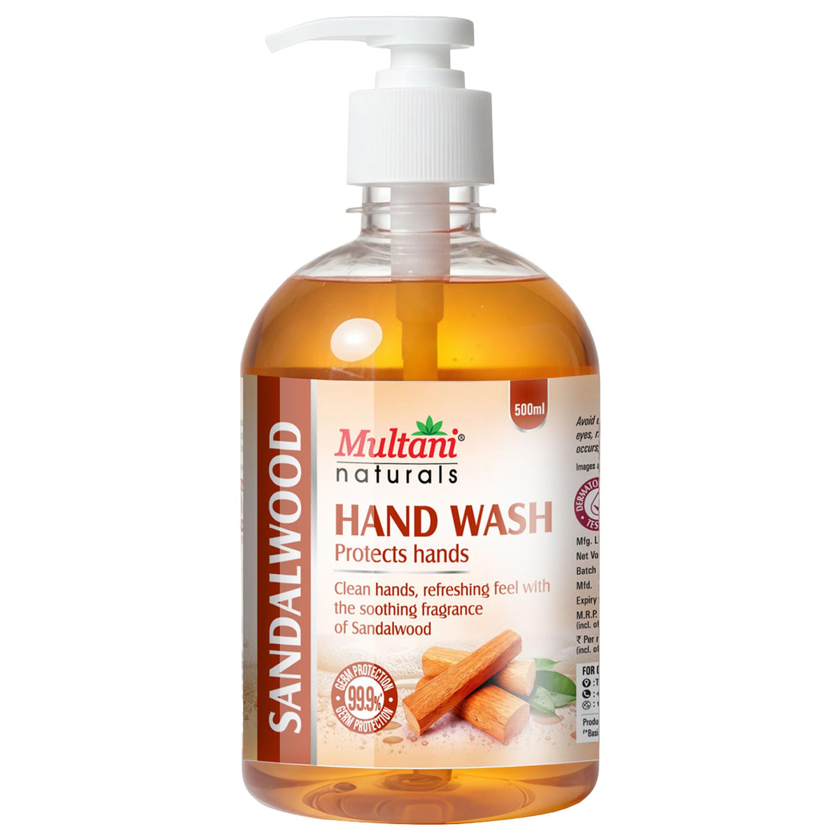Multani Natural Sandalwood Hand Wash - 500 ml | Gentle Hand Cleanser With Natural Ingredients | Moisturizing Hand Wash | 99.9% Germ Protection Liquid Hand Wash