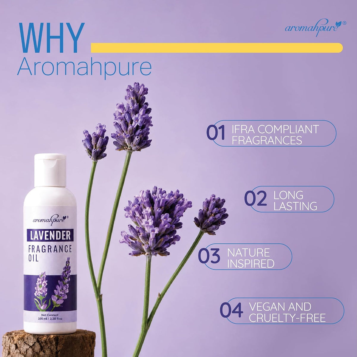 Aromahpure Lavender Aroma Oil | 100ml Undiluted & Natural | Long-Lasting Scent for Aromatherapy, Candle & Soap Making, Diffusers, Room Freshener, Humidifier, Ba