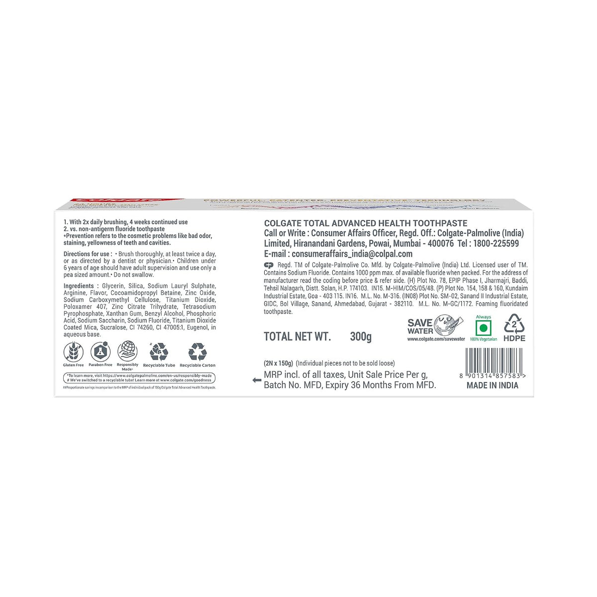 Colgate Total 300gm (2 x 150gm) Advanced Health Anti-Germ Toothpaste with Toothbrush, Tooth Paste with 12-Hour Anti-Germ & Enamel Protection, Whole Mouth Health