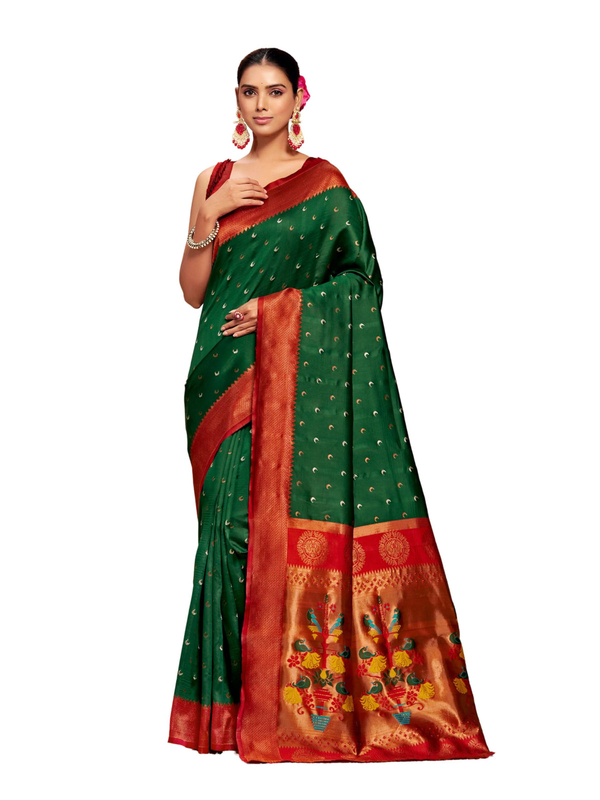 EthnicJunction Women's Silk Woven Paithani Saree With Blouse Piece Bottle Green