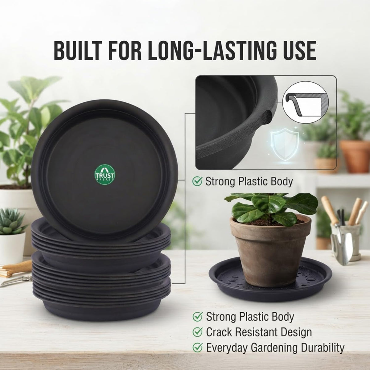 TrustBasket UV Treated Round Bottom Tray/Plate/Saucer Suitable for 10 inch Round Plastic Pot - Set of 6 | Heavy Duty Highly Durable Plant saucerGamla for Indoor