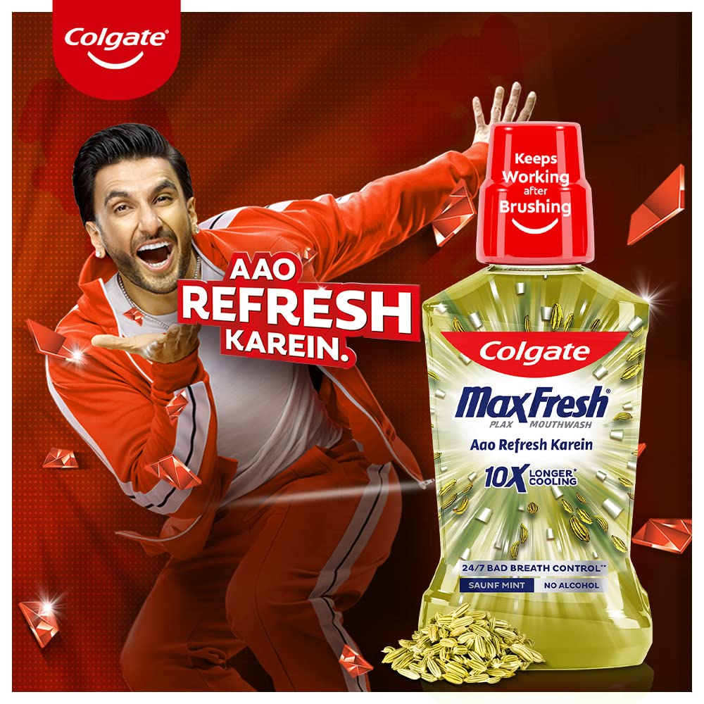 Colgate Maxfresh Plax Antibacterial Mouthwash (Saunf), Removes 99% Germs with CPC, 24/7 Fresh Breath, 0% Alcohol - 250ml