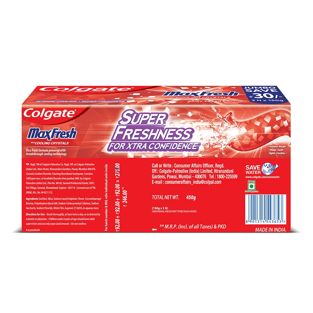 Colgate MaxFresh Anti-cavity Toothpaste, Peppermint Ice, 150gm (Pack of 2) with Anticavity Toothpaste Gel, Spicy Fresh - 150gm