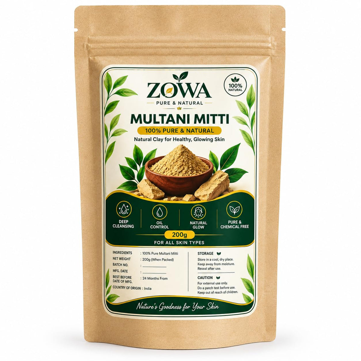 ZOWA Multani Mitti Powder 200g | Pure Natural Fuller’s Earth Face Pack | Deep Cleansing & Oil Control Clay for Face