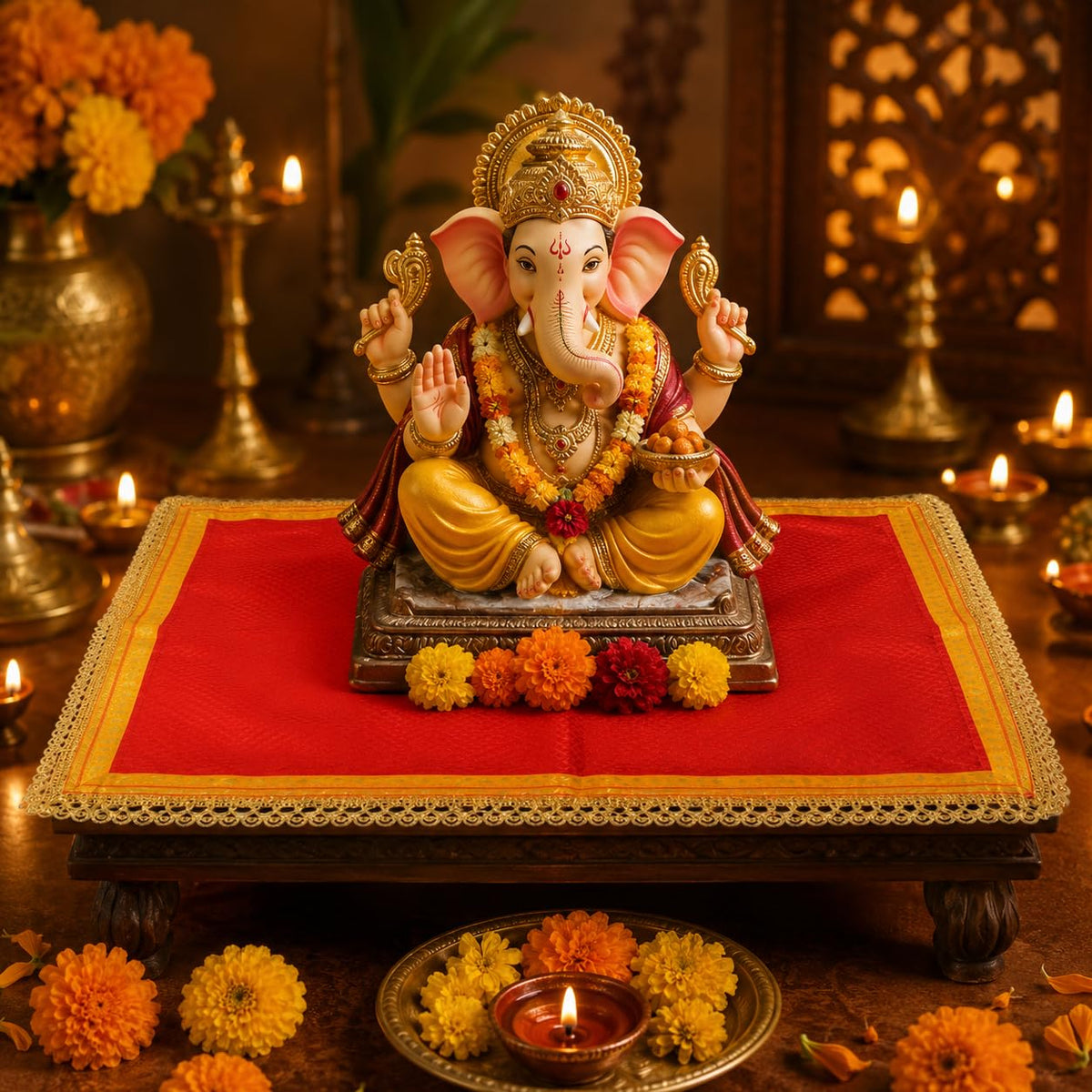 Premium Ganpati Pooja Asan for Ganesh Ji | Decorative Orange Pooja Aasan Mat with Traditional Border | Ganpati Mandir Aasan for Pooja, Festival, Diwali & Griha