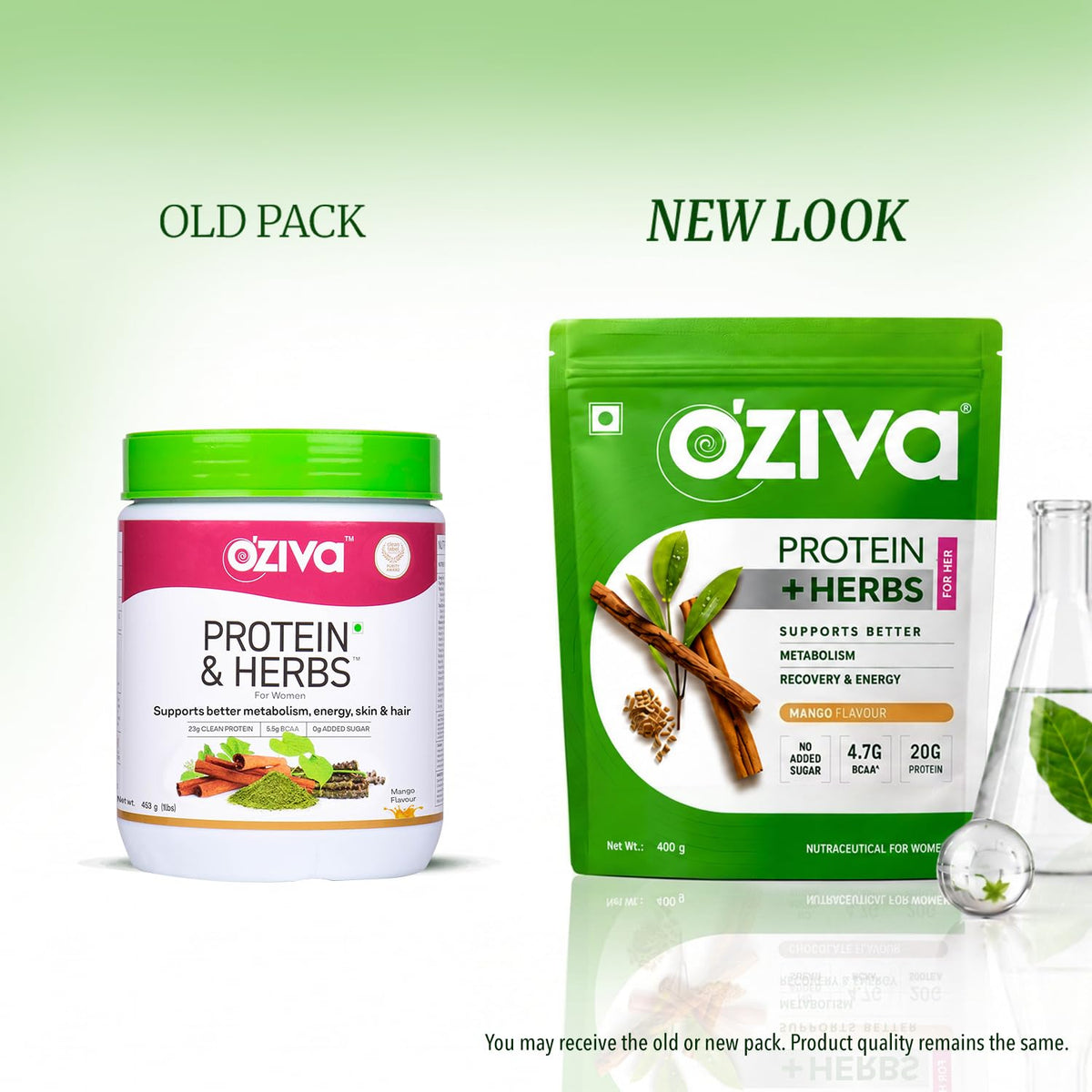 OZiva Protein & Herbs for Women, No Added Sugar, Green Tea, Mango, 453g Starter Pack