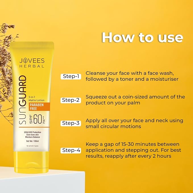 Jovees Herbal Sun Guard Lotion SPF 60 PA++++ | 3 in 1 Matte Lotion | Daily Use, UVA/UVB Protection, Moisture Balance, Even Tone Skin | Boot star 4 Rating | For