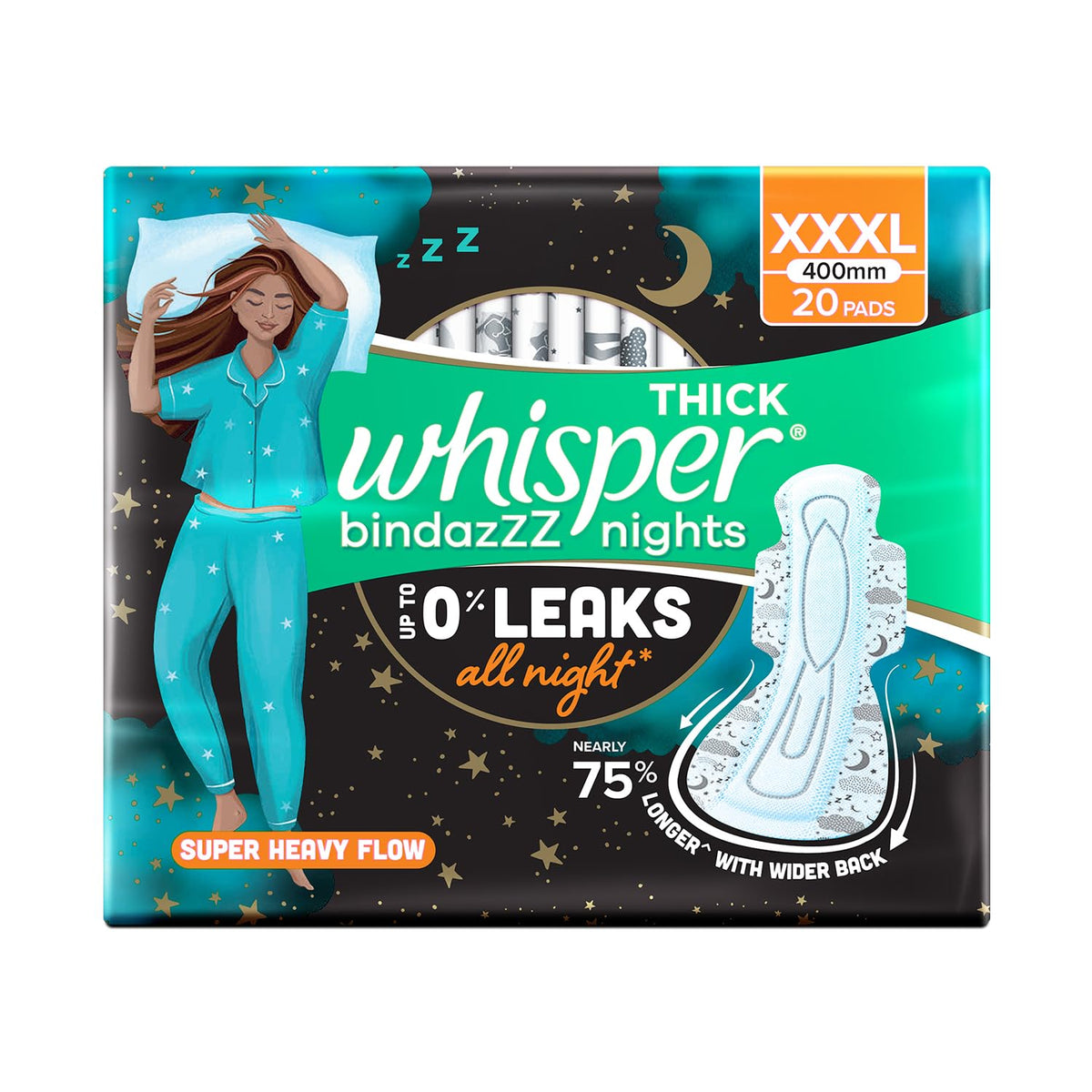 Whisper bindazzz Nights Pads For Women, XXX-Large Pack of 20 pads Scent: unscented XXXL 20
