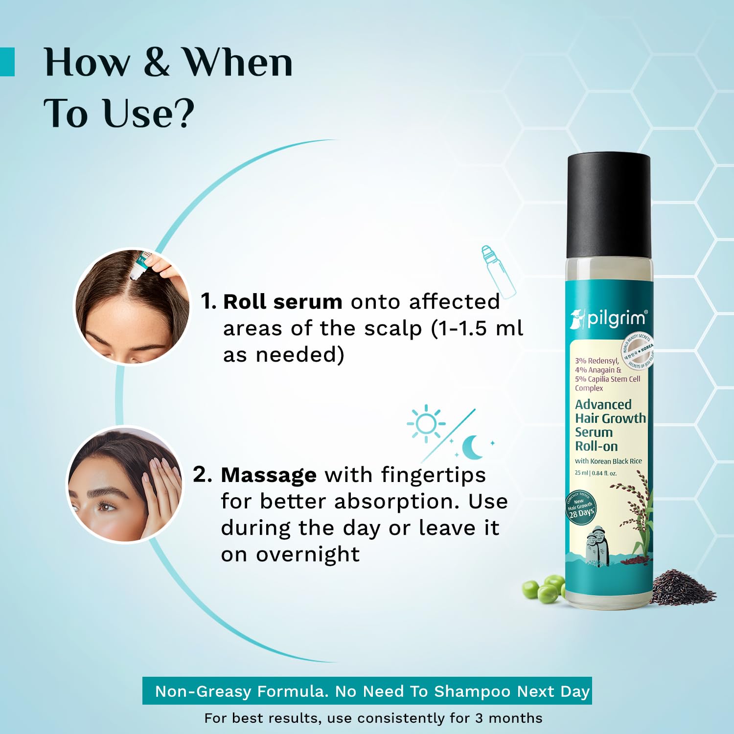 Pilgrim 3% Redensyl, 4% Anagain & 5% Capilia Stem Advanced Hair Growth Serum Roll-on for Scalp with Korean Black Rice & Rosemary | Control Fall, Stimulate Regrowth, Increase Density | (25ml)