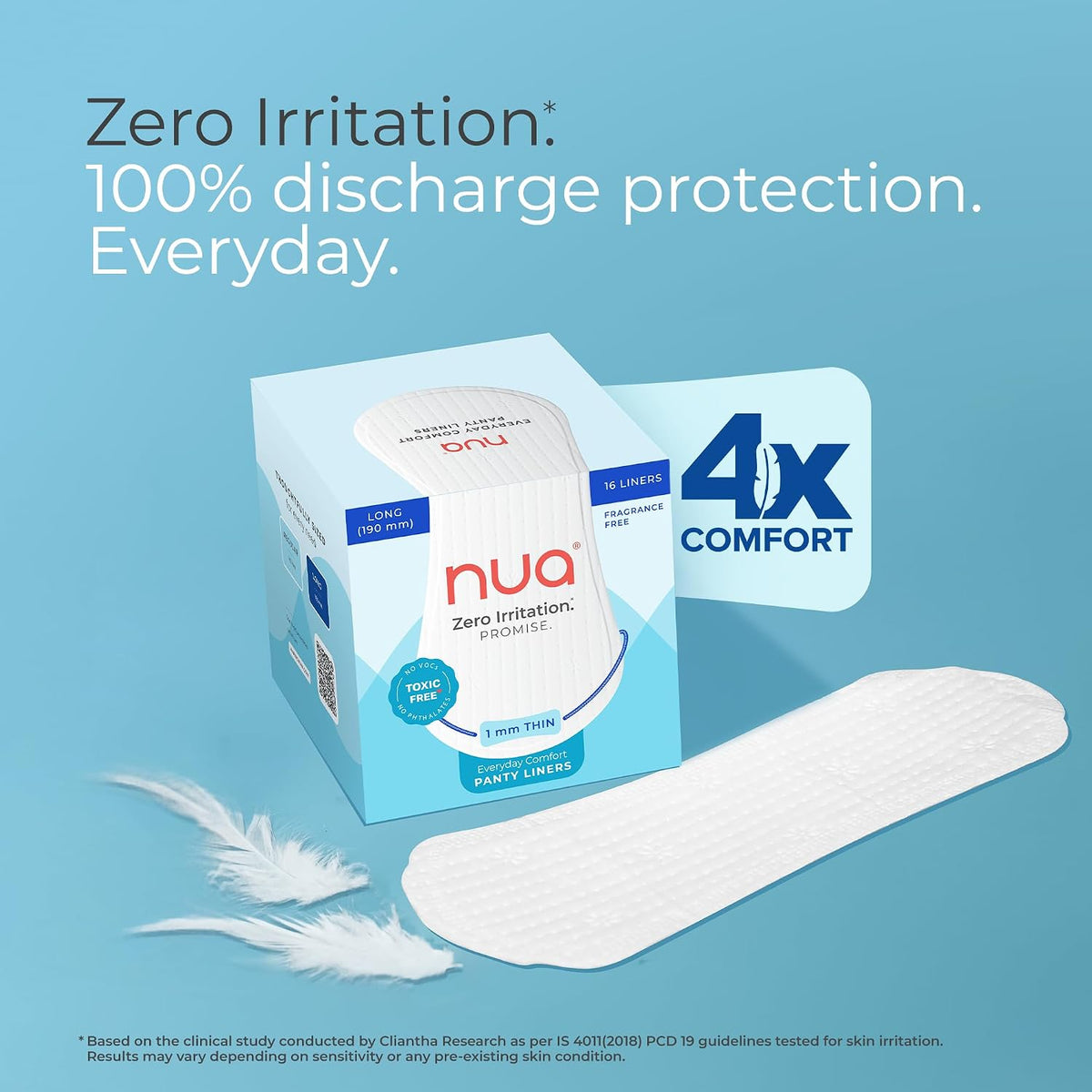 Nua Everyday Comfort Panty Liner for Women Daily Use | Pack of 16 liners 190mm | For White Discharge, Spotting & Non Period Leakages | Individually Wrapped | Ze
