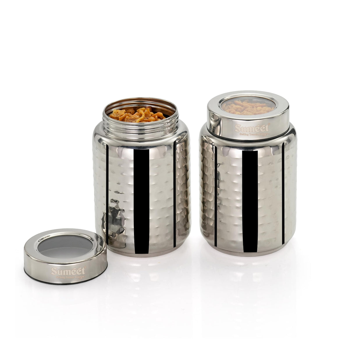 Sumeet ISI Certified Stainless Steel Hammered Canister/Container for Kitchen Storage with See Through Lid Set of 2Pcs - 950ml, 10cm Dia, Silver 950ml 2Pc