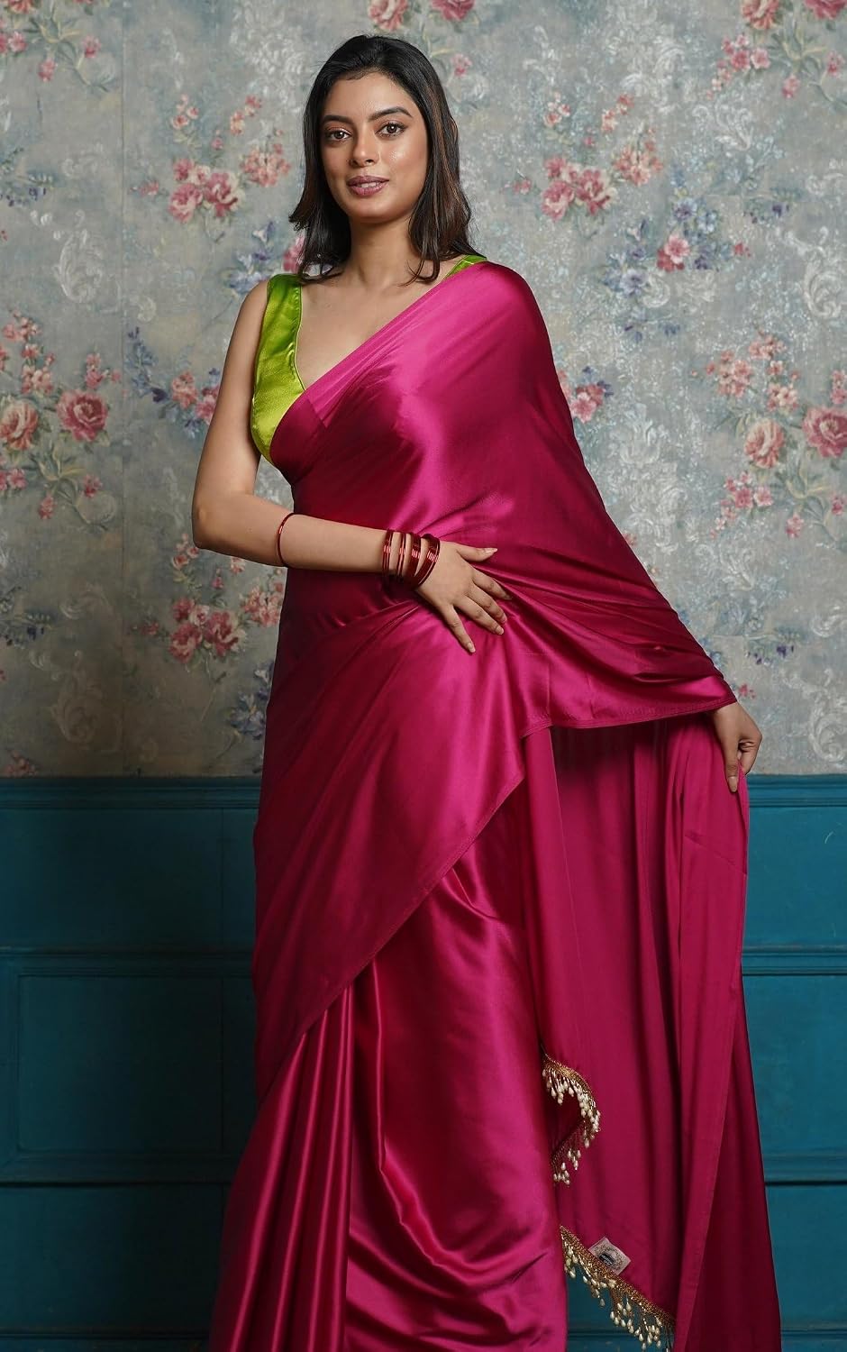 Women's Ready to Wear Satin Silk 1 Minute Pre Pleated Heavy Saree with Hand Work Tassels (Pink) Free size Pink