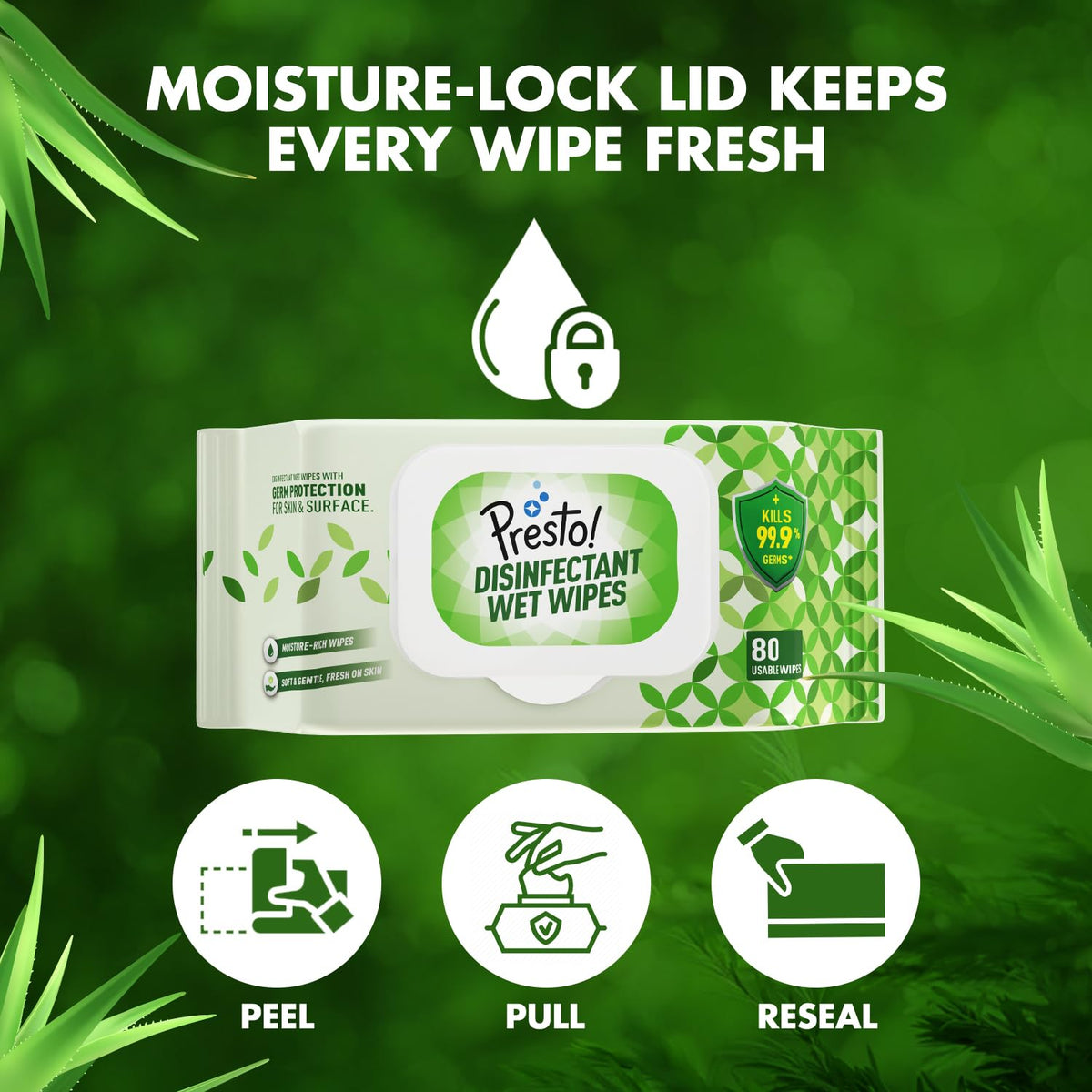 Amazon Brand - Presto! Disinfectant Wet Wipes With Lid | 480 Count | (80 Counts x Pack of 6) | Germ Protection for Skin and Surface 80 count (Pack of 6)