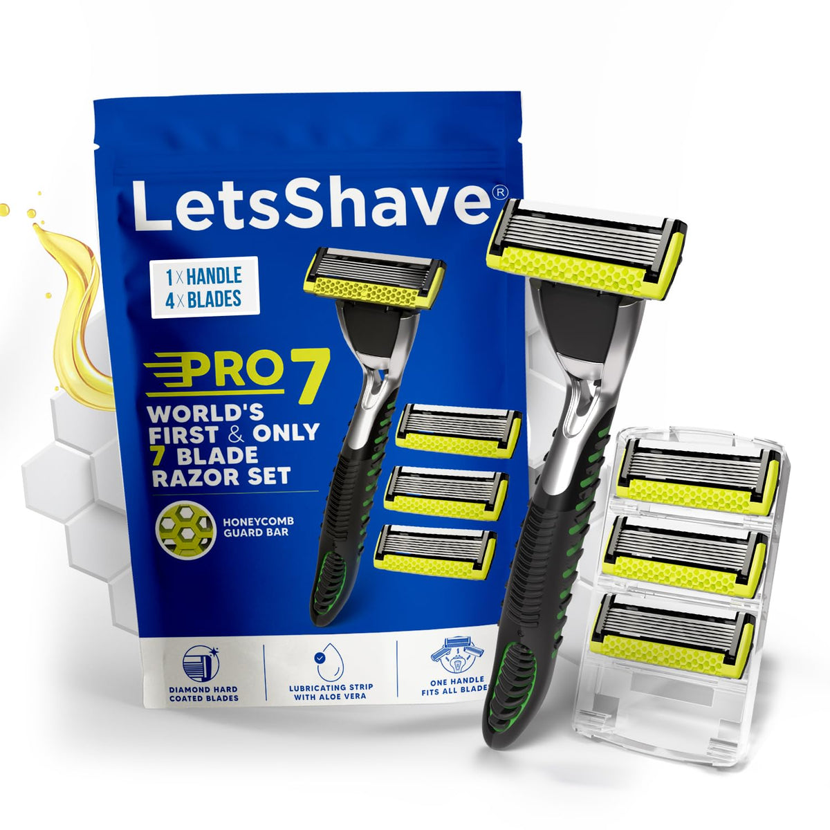 LetsShave Pro 7 Max Razor Value Set for Men (1 Handle + 4 Blades) | World's First & Only 7-Blade Razor for Men | Honeycomb Guard, Open Flow Design & Nature Infu