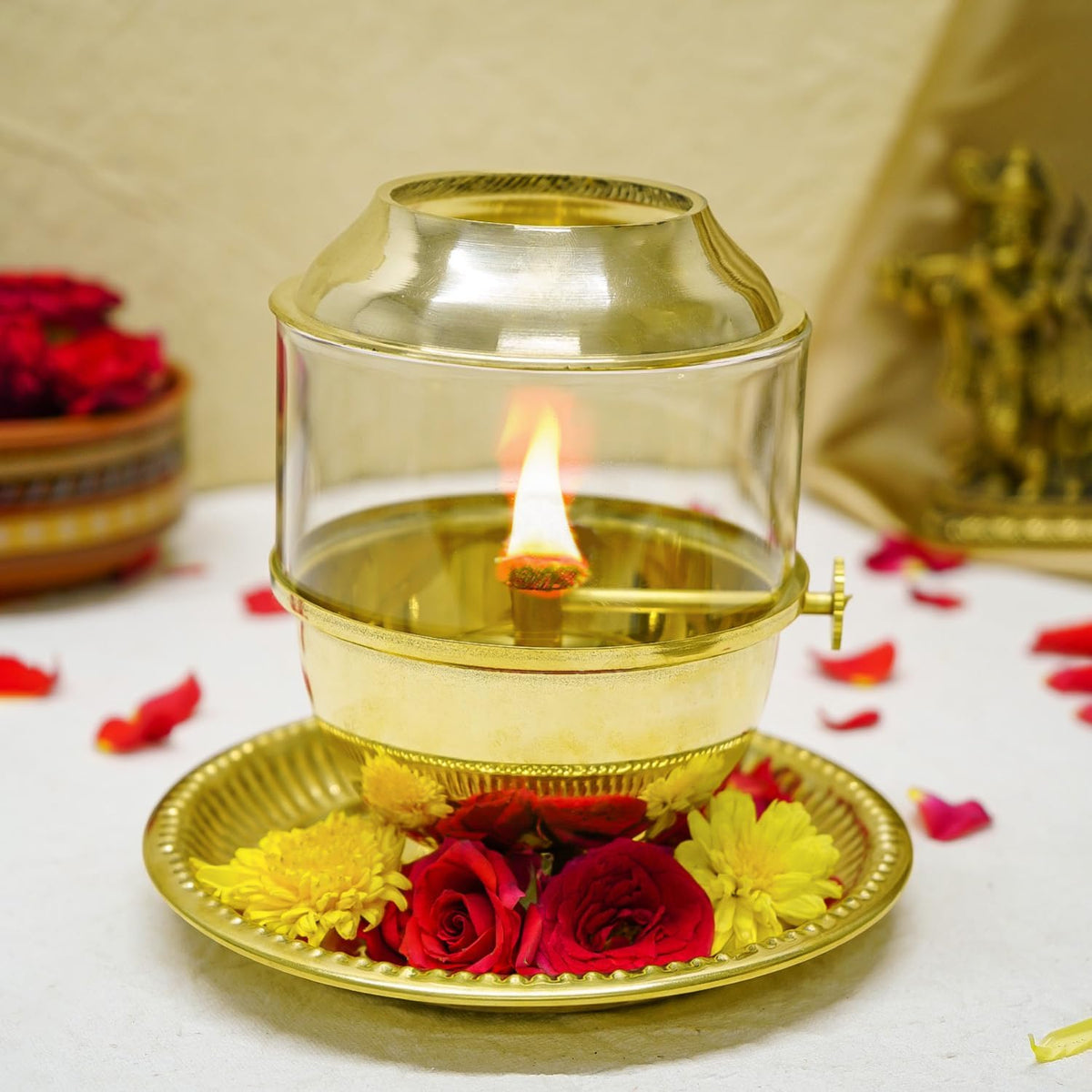 100% Pure Brass Akhand Jyot Diya with Adjustable Bati Knob, Wick Lifting Screw Lever, Glass Cover (Large Size, 200-250 ml Oil Capacity, Stay Lit for 48 Hours, W