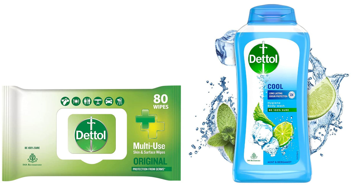Dettol Disinfectant Sanitizer Wet Wipes for Skin & Surfaces & Body Wash and Shower Gel for Women and Men, Cool - 250ml