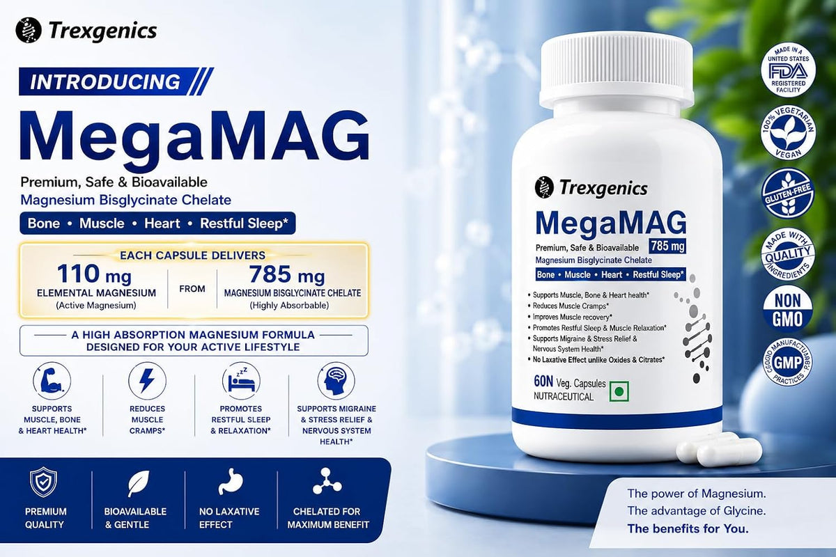 Trexgenics MegaMAG 785mg Magnesium Bisglycinate - Most Bioavailable Magnesium for Sleep, Muscle, Bone & Heart Support (60 Veg. Capsules) (Pack of 1) 60 count (P