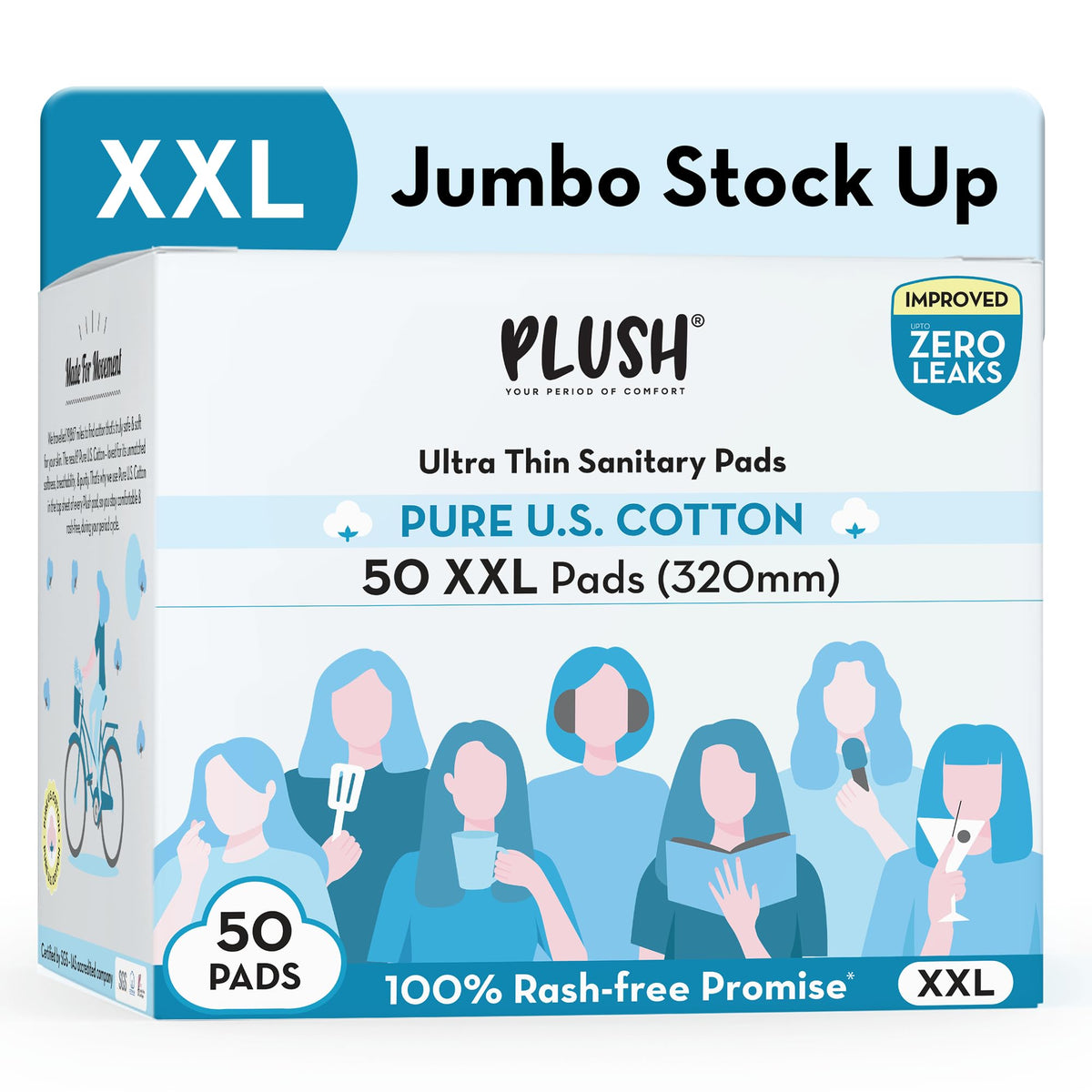 Plush Ultra-Thin XXL Sanitary Pads for Women 50 Pcs | Super Absorbent Heavy Flow 320mm Sanitary Napkins| 100% Rash-Free | Pure U.S. Cotton XXL Pads | No Fragran