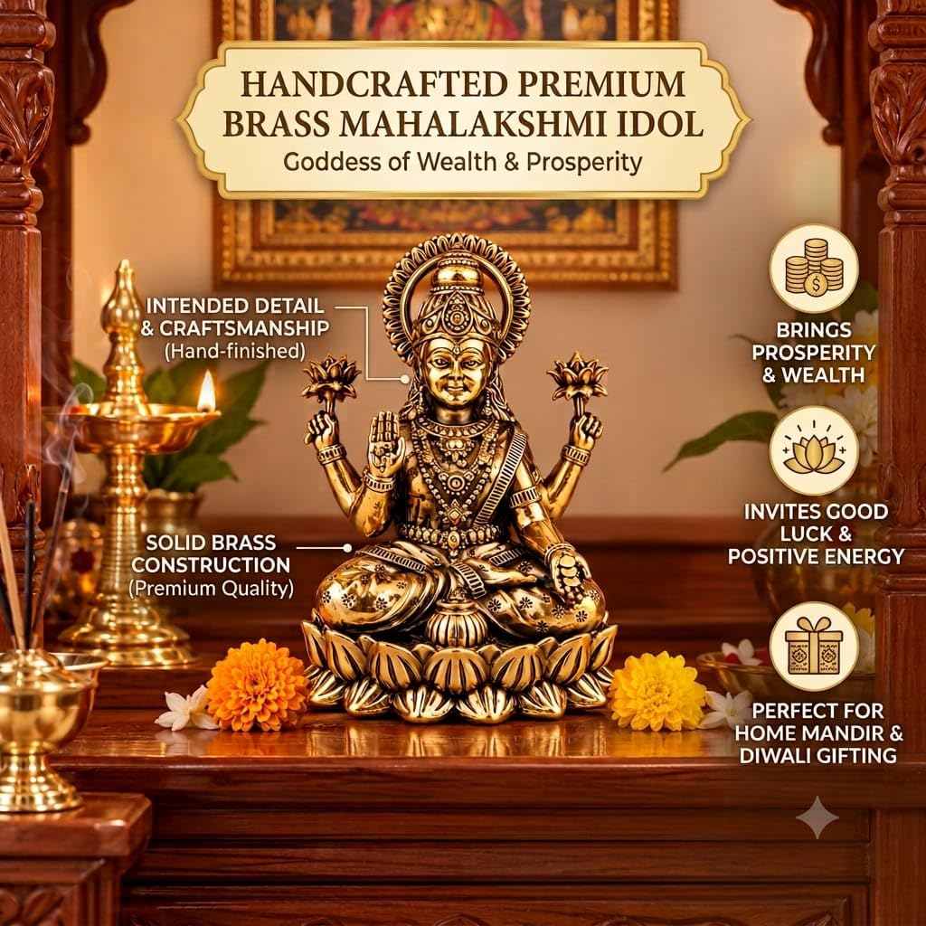 Brass Lakshmi Devi Idol — Sitting Kubera Lakshmi Statue on Lotus with Money Pot, Antique Finish Mahalaxmi Murti for Diwali Pooja & Home Temple, 2.7 Inch