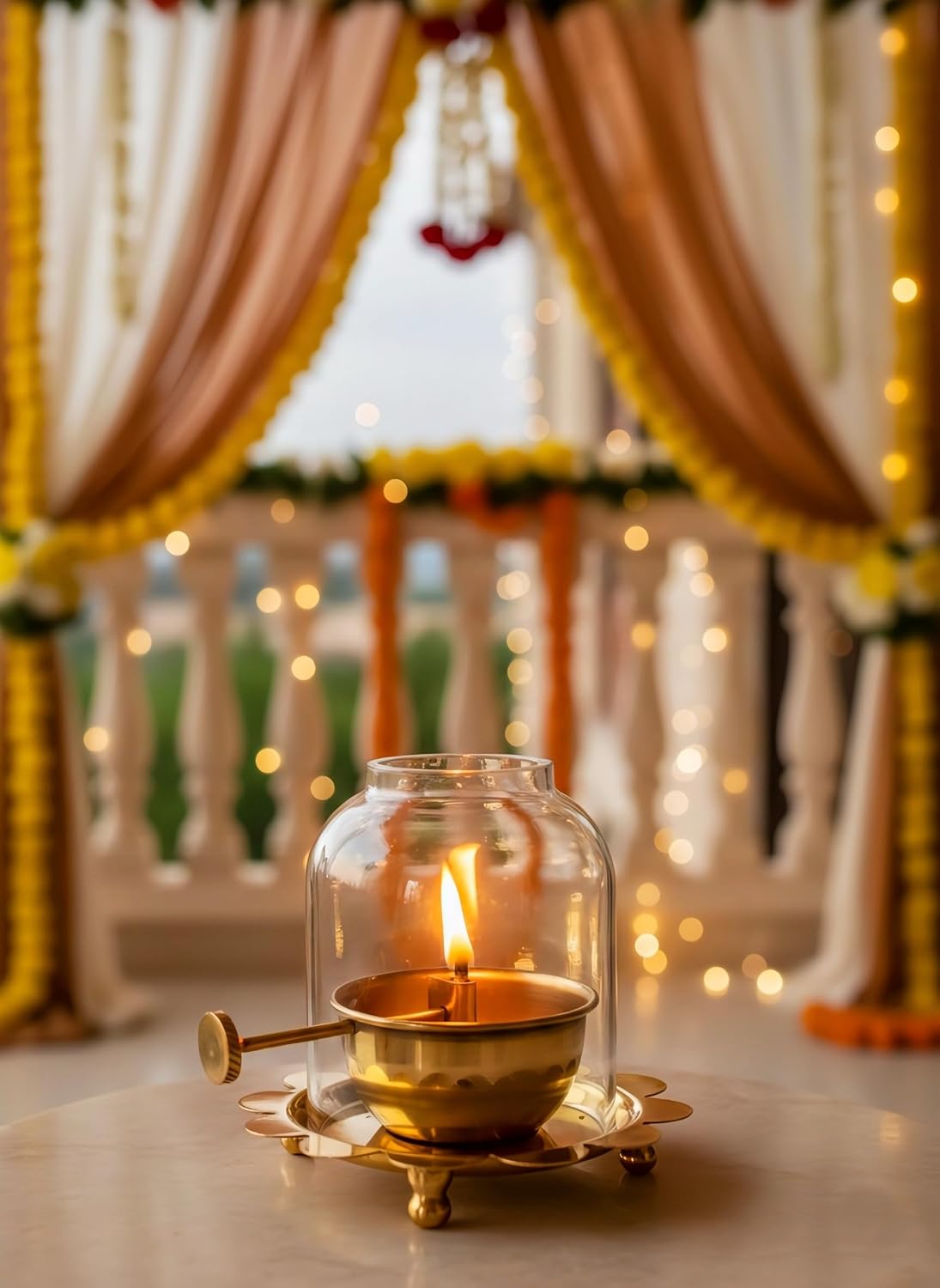 Brass Akhand Jyoti Diya Oil Lamp with Adjustable Bati Knob, Glass Cover Deep for Puja, Deepam Jyot Lamp, 30 ml Oil Capacity, Up to 12 Hours Burning, Brass Pooja