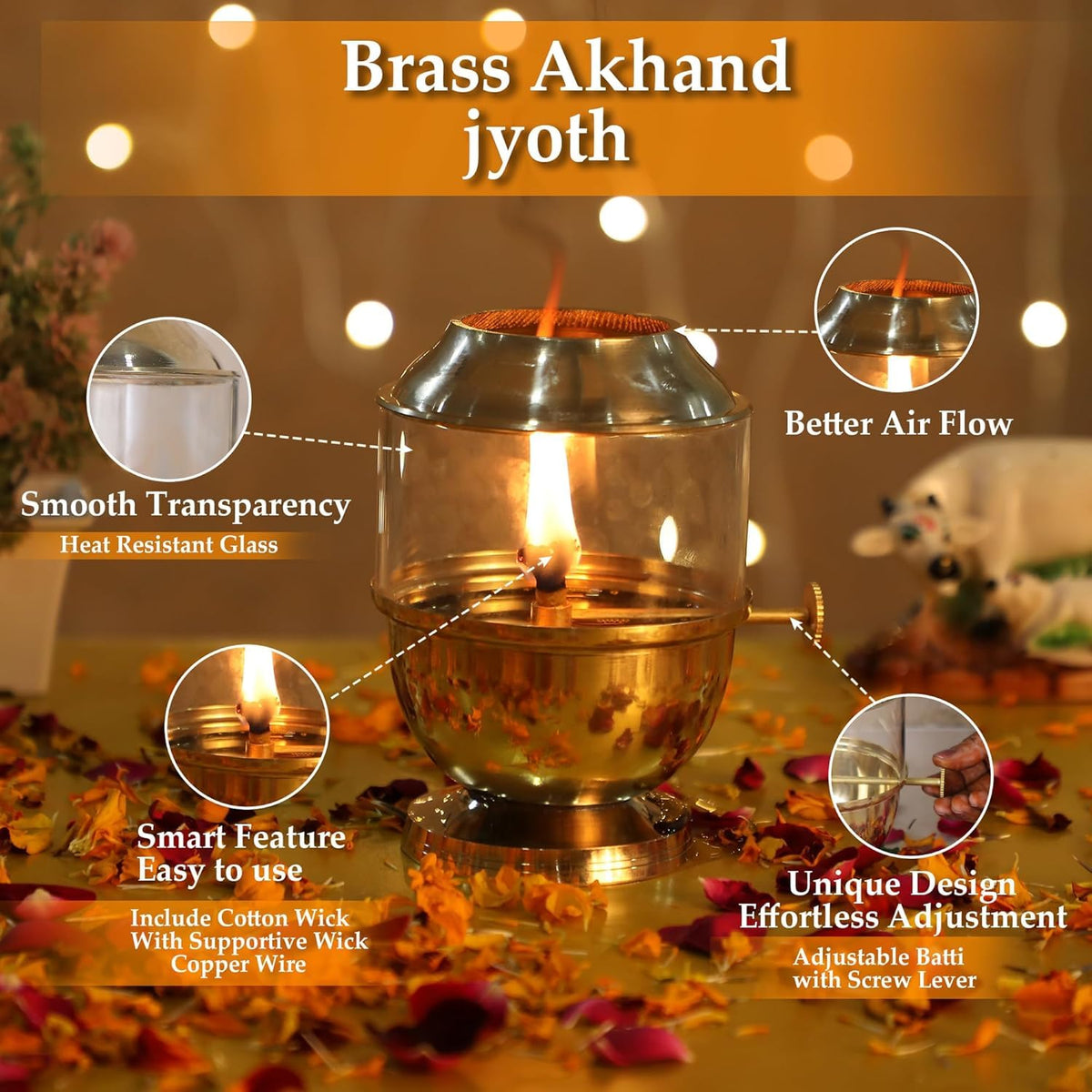 KBV Brass Akhand Jyoti Diya with Wick Adjustable Bati Knob & Borosilicate Glass Cover 250 ml Oil Capacity, Burns Up to 48 Hours, Includes Wick