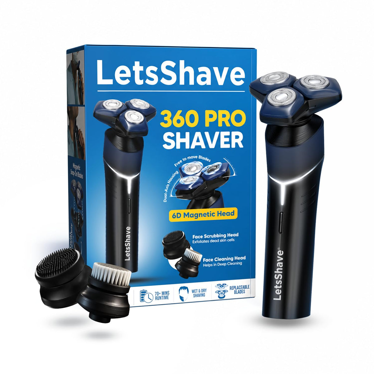 LetsShave 360 Pro Electric Shaver for Men - 6D Skin Adaptation Technology, Wet & Dry Use, Self-Sharpening Blades | Face Cleansing & Scrubbing Attachments | 70+