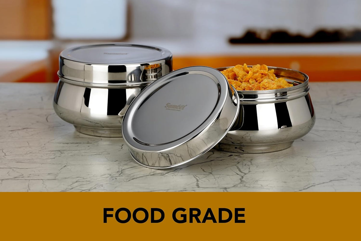 Sumeet Stainless Steel Handi Shape Canisters/Dabba/Storage Containers Set for kitchen 11.6cm Dia, 900ml, Pack of 2, Silver 900ml, 2 pcs