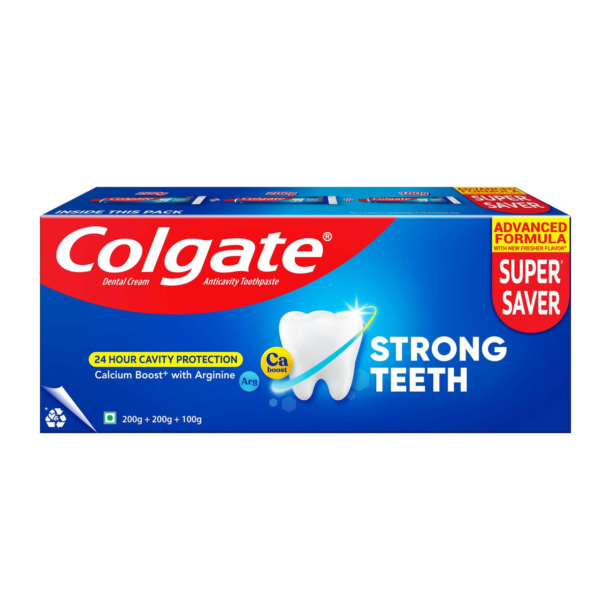 Colgate Strong Teeth, 500g (200g + 200g + 100g), Calcium-boost Tooth Paste for 2X Stronger Teeth, Protects Enamel, Whitens Teeth, Fresh Breath & Prevents Caviti