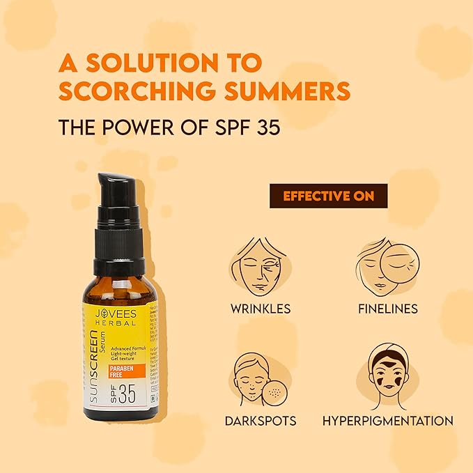 Jovees Herbal Sunscreen Face Serum SPF 35 with Aloe Vera, Carrot and Sunflower Extract, Advanced Light Weight Gel Based Formula For Sun Protection 30ml - For Oi