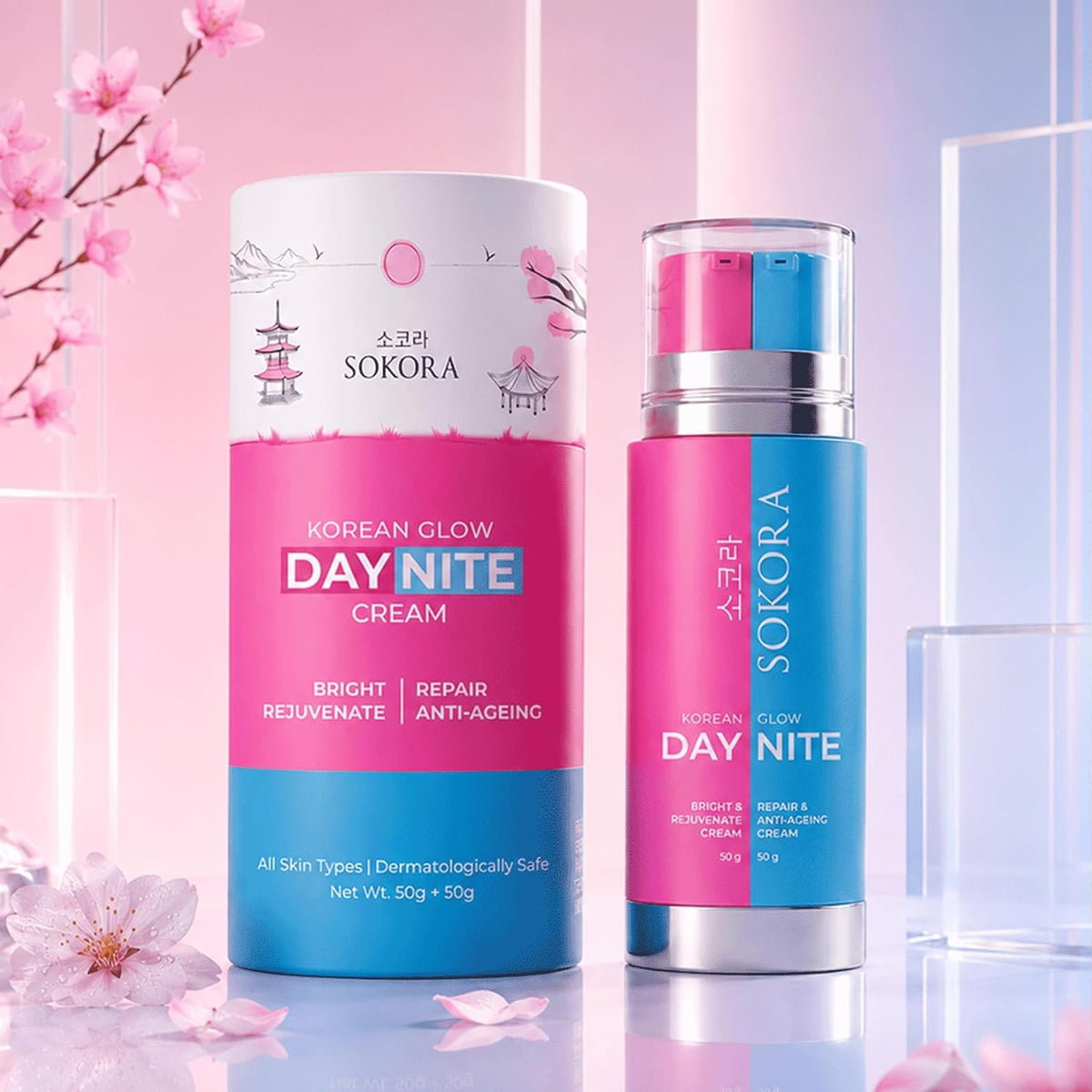 Korean Glow 2-in-1 Day & Night Face Cream Combo in One Bottle – Niacinamide, Retinol & Alpha Arbutin | Brightening Day Cream + Anti-Ageing Nite Cream | 100g | A