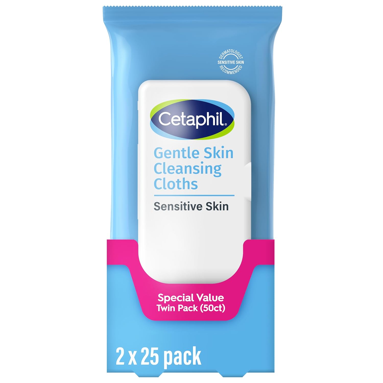 Cetaphil Face and Body Wipes, Gentle Cleansing Cloths, 50 Count, Twin Pack, for Dry, Sensitive Skin, Flip Top Closure, Great for the Gym, Travel, in the Car, Hypoallergenic, Fragrance Free