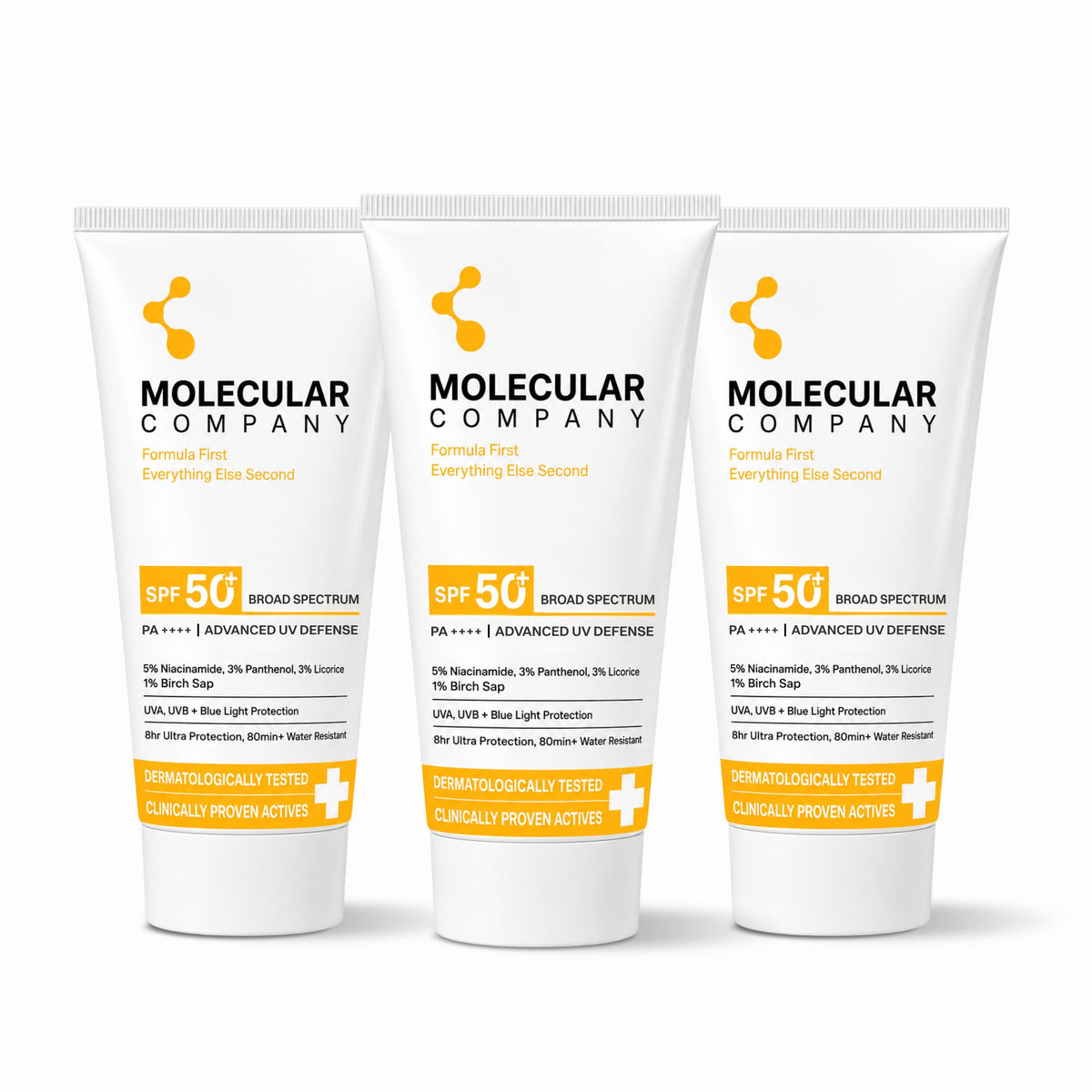 Molecular Company SPF 50+ Pa++++ Face Sunscreen Gel, 50g x 3 | 2X Moisturising than Hyaluronic Acid | With 5% Niacinamide, 3% Panthenol, 3% Lecorice, 1% Birch S