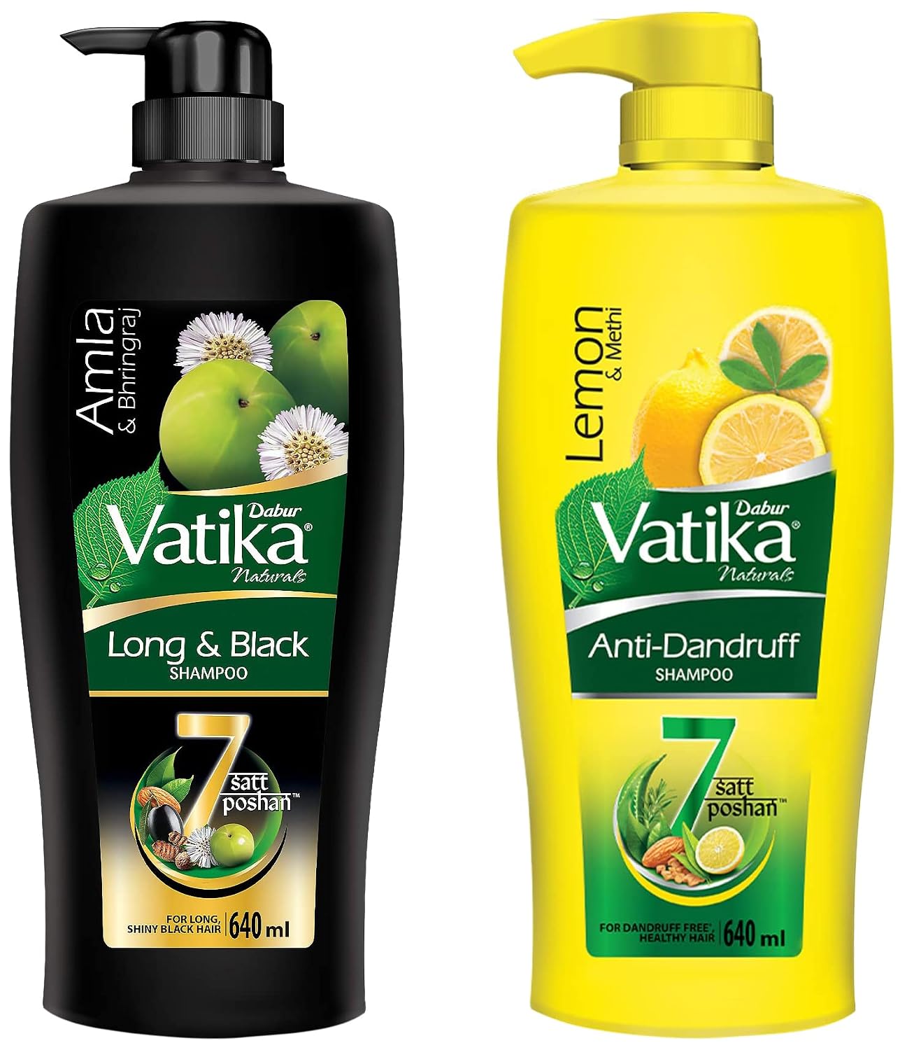 Dabur Vatika Long & Black Shampoo, with the Goodness of Amla & Bhringraj for Shiny, Black Hair - 640ml & Dabur Vatika Anti Dandruff Shampoo, with Lemon & Methi for Dandruff Free Hair - 640ml