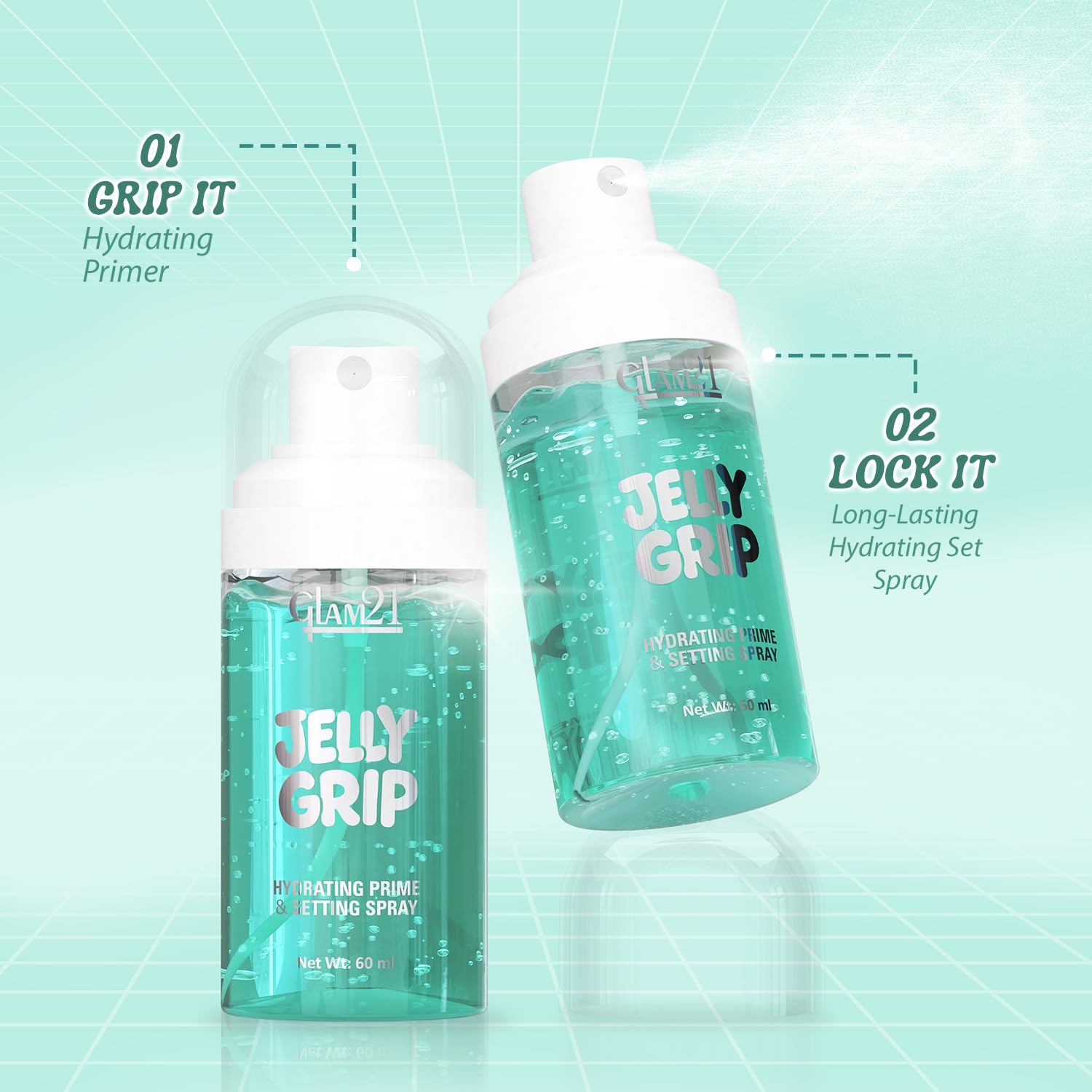 Glam21 Jelly Grip Hydrating Setting Spray & Primer Mist with Aloe Vera & Sodium Hyaluronate – Lightweight Dewy Finish Makeup Grip Spray, Long-Lasting Smudge-Proof Hold | 60ml