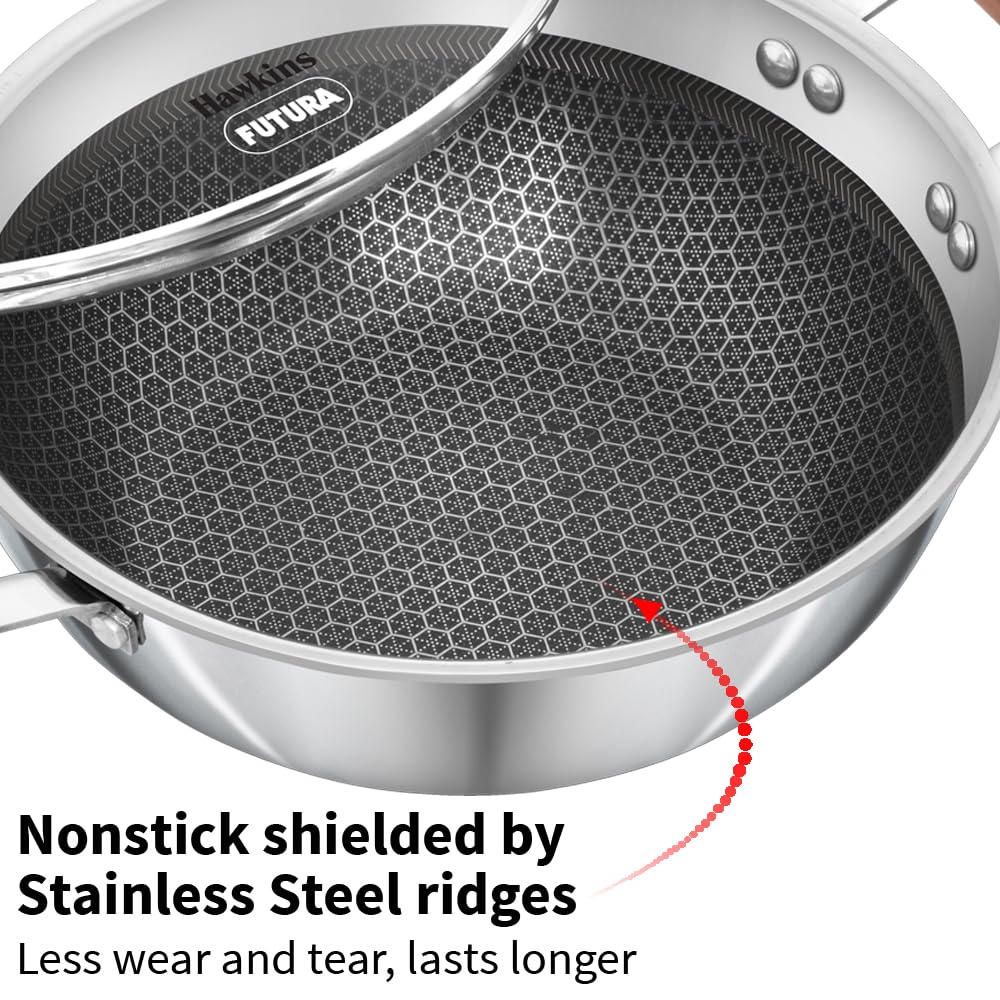Hawkins 2.5 Litre Deep Kadhai, Triply Stainless Steel Shielded Nonstick Deep-Fry Pan with Rosewood Handle, Honeycomb Non Stick Induction Kadai, Silver (NSDK25G)