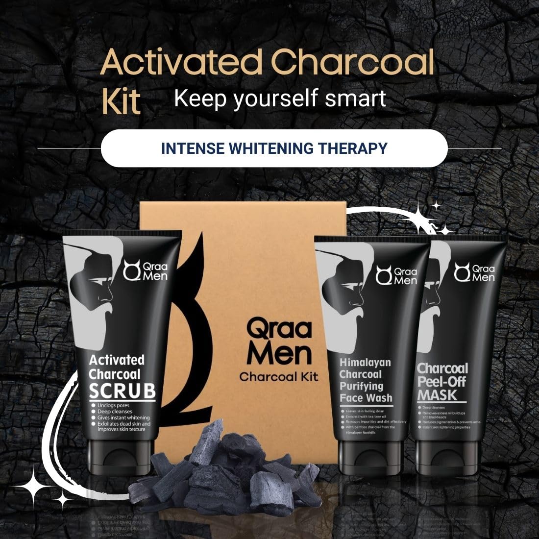 Qraa Men Charcoal Kit : Charcoal Scrub, Face wash & Peel-off Mask For Men - with Essential Oils | For deep cleansing & Glowing Skin | Anti Acne & Blackhead Remo