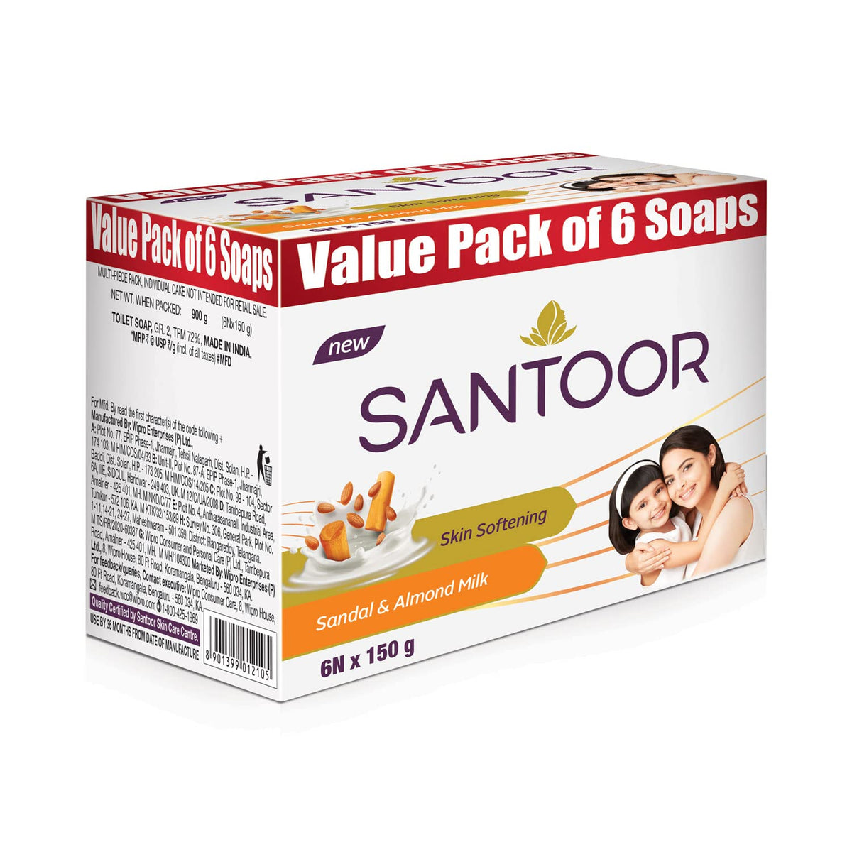 Santoor Skin Softening Sandal & Almond Milk Bathing Soap with Nourishing & Anti-Aging Properties| For Smooth & Soft and Younger-Looking Skin| For All Skin Types