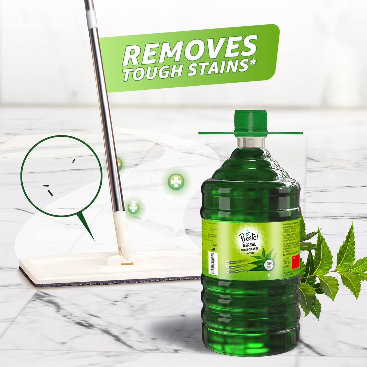 Amazon Brand - Presto! Disinfectant Surface & Floor Cleaner | Neem | 5 Litre | Kills 99.9% Germs | Suitable For Bathroom & Floor Surfaces Like Ceramic, Marble,
