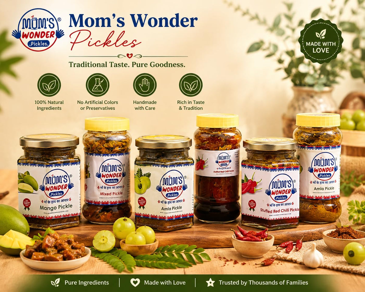 Mom's Wonder Pickles Mixed Pickle, Homemade, Kachi Ghani Mustard Oil, No Added Preservatives, No Added Chemicals, No Added Artificial Colour, Glass Jar
