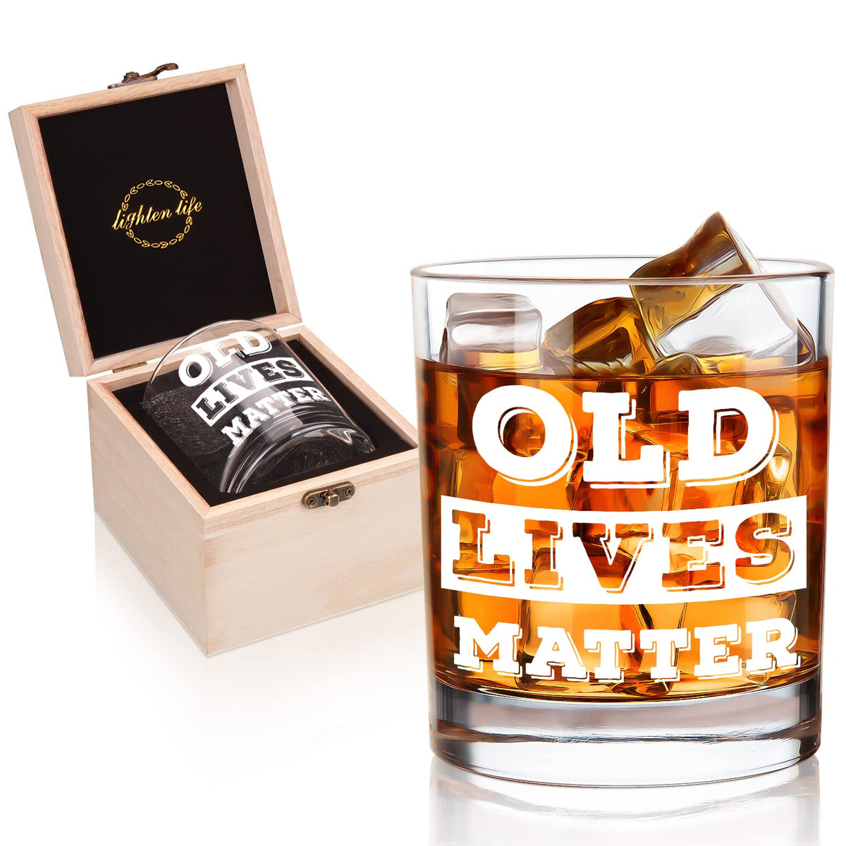 LIGHTEN LIFE Old Lives Matter Whiskey Glass 12 oz,Rock Glass in Valued Wooden Box,Funny Birthday or Retirement Gift for Grandpa,Dad ,Old Man,Old Fashioned Whisk