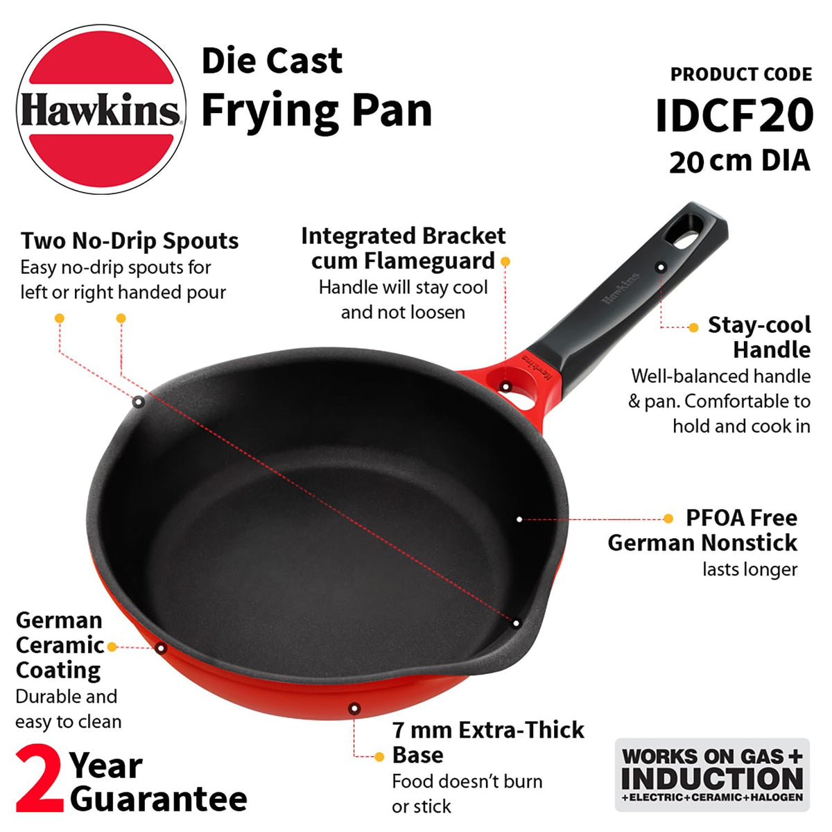 Hawkins 20 cm Frying Pan, Die Cast Ceramic Coated Non Stick Induction Small Fry Pan, Red (IDCF20)