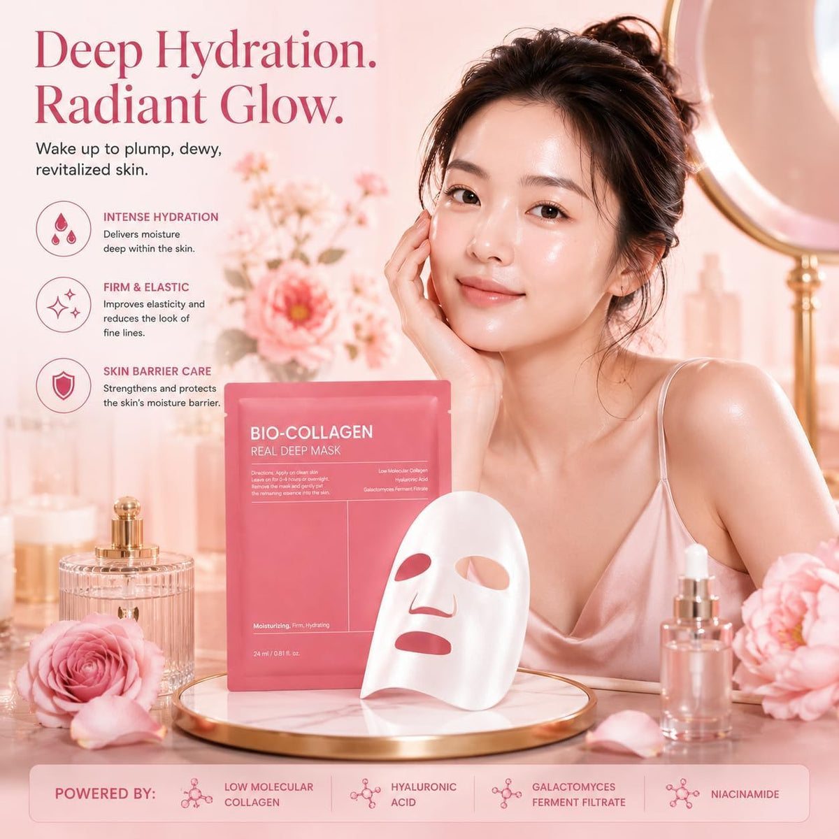 (Pack of 4) Bio-Collagen Real Deep Mask | Korean Collagen Face Mask with Low Molecular Collagen & Hyaluronic Acid | Overnight Hydrating Hydrogel Mask | Pore Min